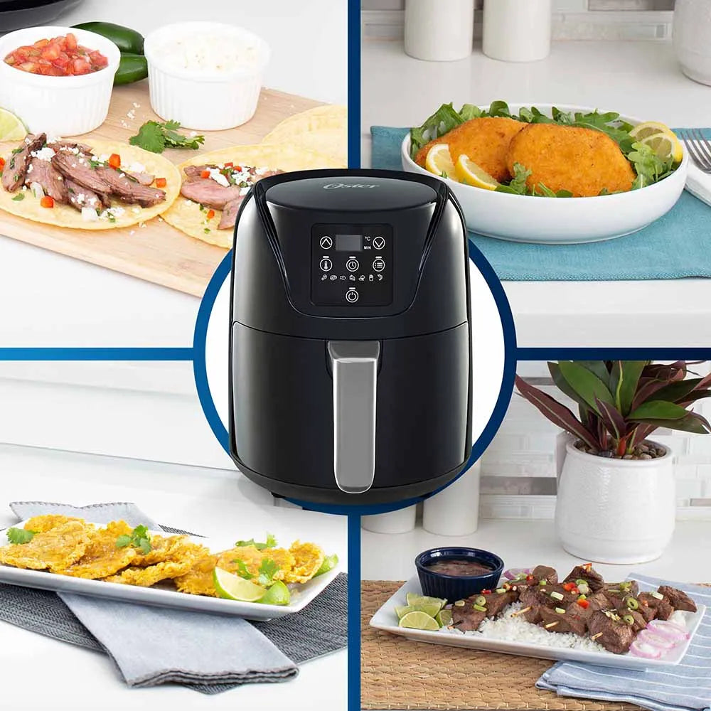 Collage con la freidora de aire Oster CKSTAF40D-013 y platos preparados (tacos, apanados, carne y tostones) que destaca su versatilidad en cocina.