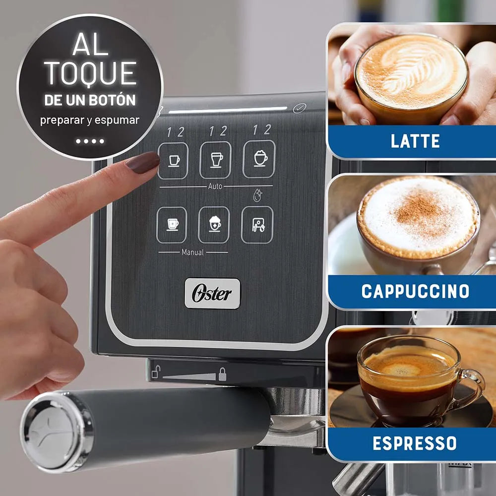 Detalle de mano usando el panel táctil de la Oster PrimaLatte 2 Touch; botones de espresso, cappuccino y latte en opciones simple o doble.