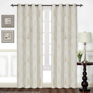 Juego de cortinas Pasión Guajira Elfo Collection en tono beige con estampados dorados navideños, set de dos piezas de 137x223 cm para sala o comedor.