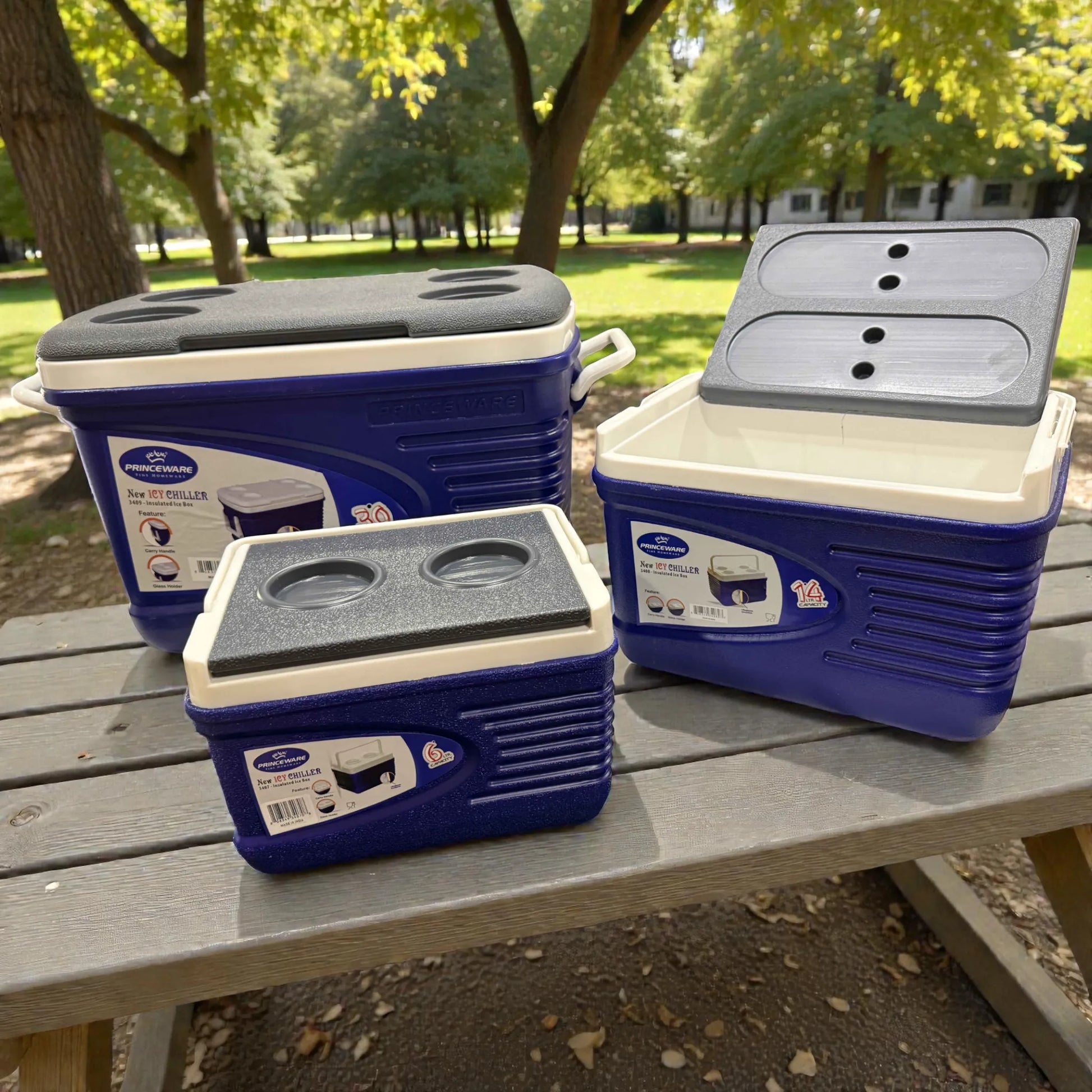 Set de hieleras Princeware New Icy Chiller: hielera 14L con tapa levantada mostrando interior, junto a hielera 30L y 6L en color azul con detalles blanco/gris sobre mesa de picnic en parque.