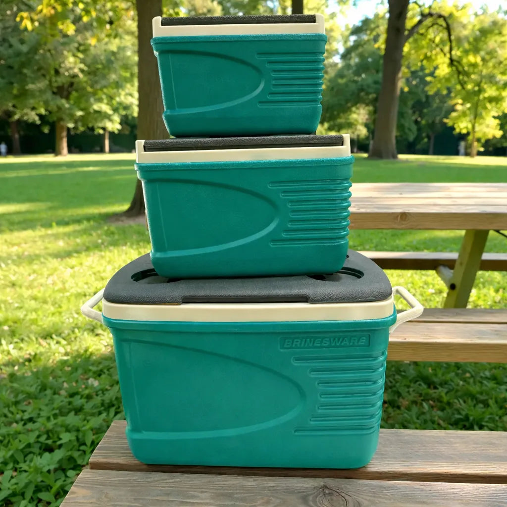 Hieleras Princeware New Icy Chiller apiladas por tamaño: 6L arriba, 14L al centro y 30L abajo, color turquesa con detalles blanco/gris, mostrando el set completo 3409-C1PB.