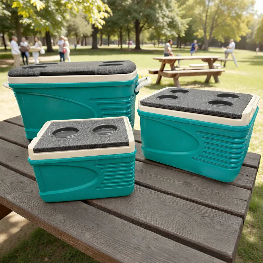 Tres hieleras Princeware New Icy Chiller del set 3409-C1PB: 6L al frente, 14L a la derecha y 30L atrás, color turquesa con detalles blanco/gris, en mesa de picnic con parque de fondo.