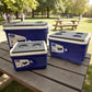 Tres hieleras Princeware New Icy Chiller del set 3409-C1PB: 6L al frente, 14L a la derecha y 30L atrás, color azul con detalles blanco/gris, en mesa de picnic con parque de fondo.