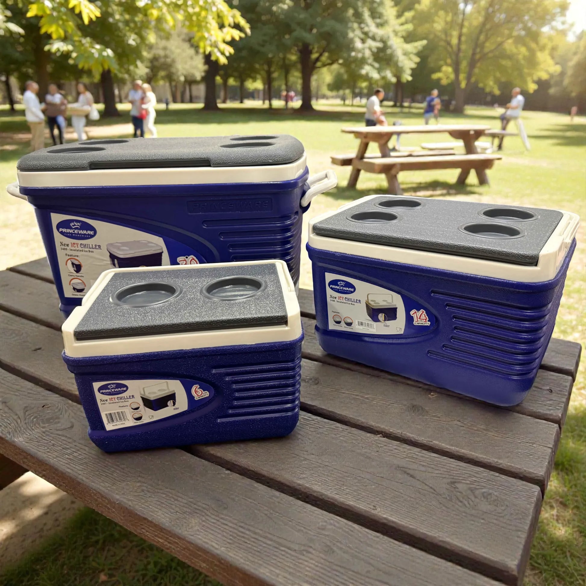 Tres hieleras Princeware New Icy Chiller del set 3409-C1PB: 6L al frente, 14L a la derecha y 30L atrás, color azul con detalles blanco/gris, en mesa de picnic con parque de fondo.