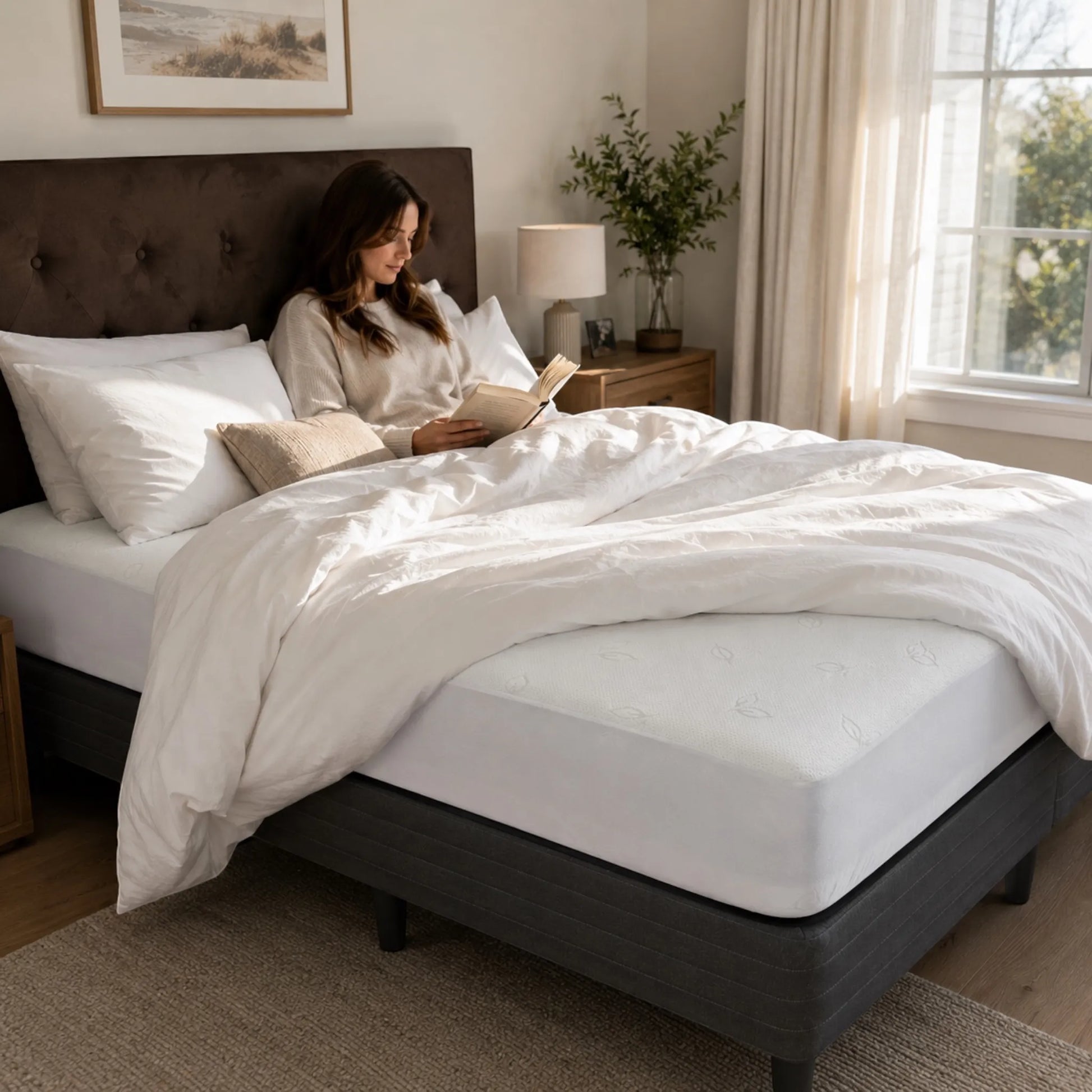 Mujer leyendo cómodamente sobre una cama protegida con un protector de colchón impermeable de fibra de bambú en un dormitorio cálido y luminoso.