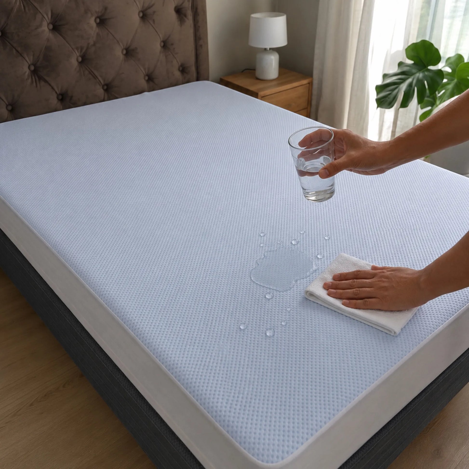 Protector de colchón impermeable Cooling demostrando protección contra líquidos mientras el agua permanece sobre la superficie y se limpia fácilmente con una toalla.