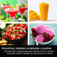 Collage de recetas preparadas con la licuadora Ninja Professional Plus BN701: margaritas congeladas, smoothie de mango, pico de gallo y helado rosa.