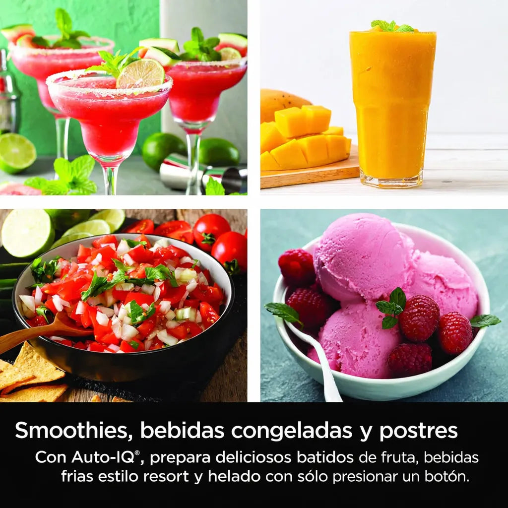 Collage de recetas preparadas con la licuadora Ninja Professional Plus BN701: margaritas congeladas, smoothie de mango, pico de gallo y helado rosa.