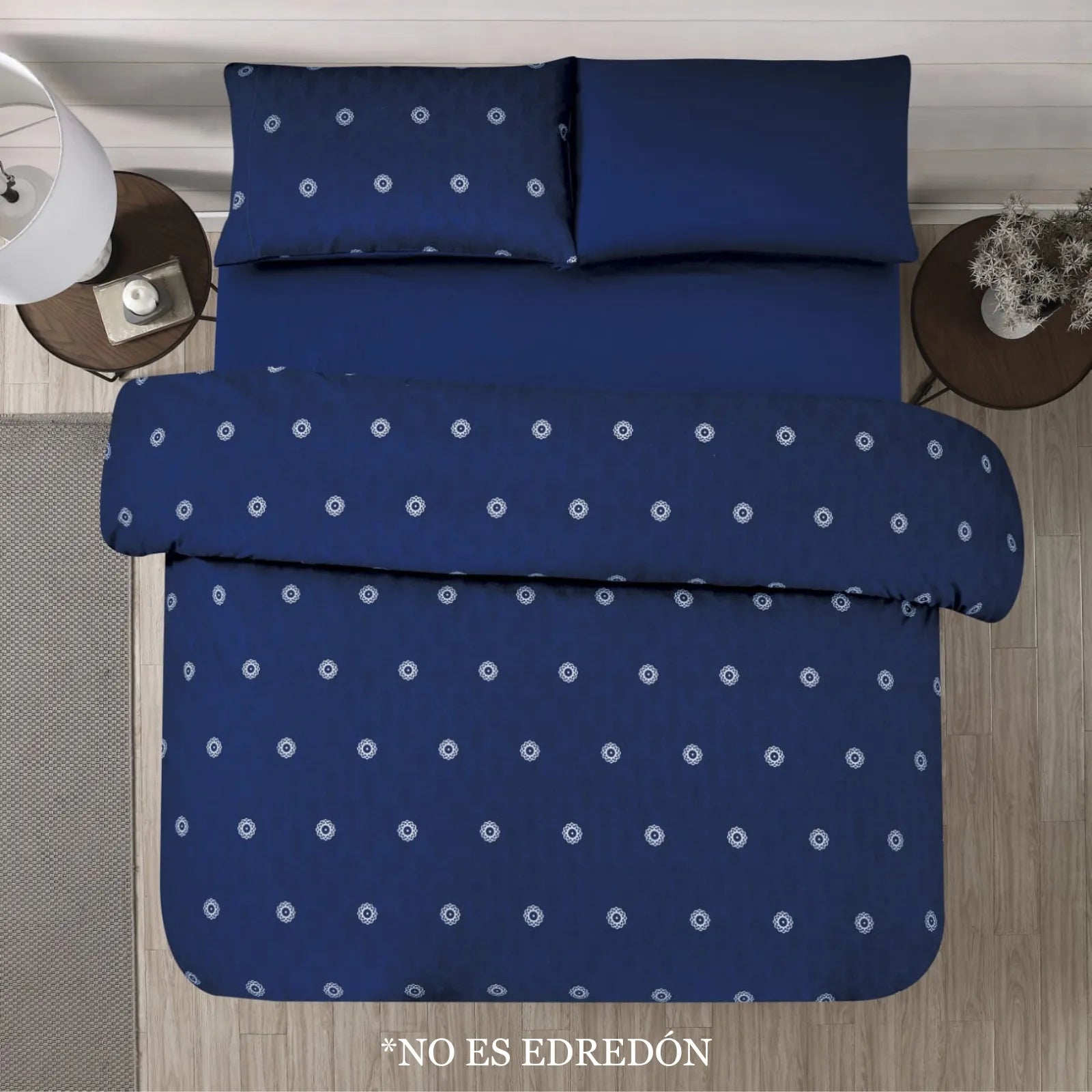 Sábanas Dania Coco en azul marino con estampado de puntos blancos, diseño minimalista, vista superior