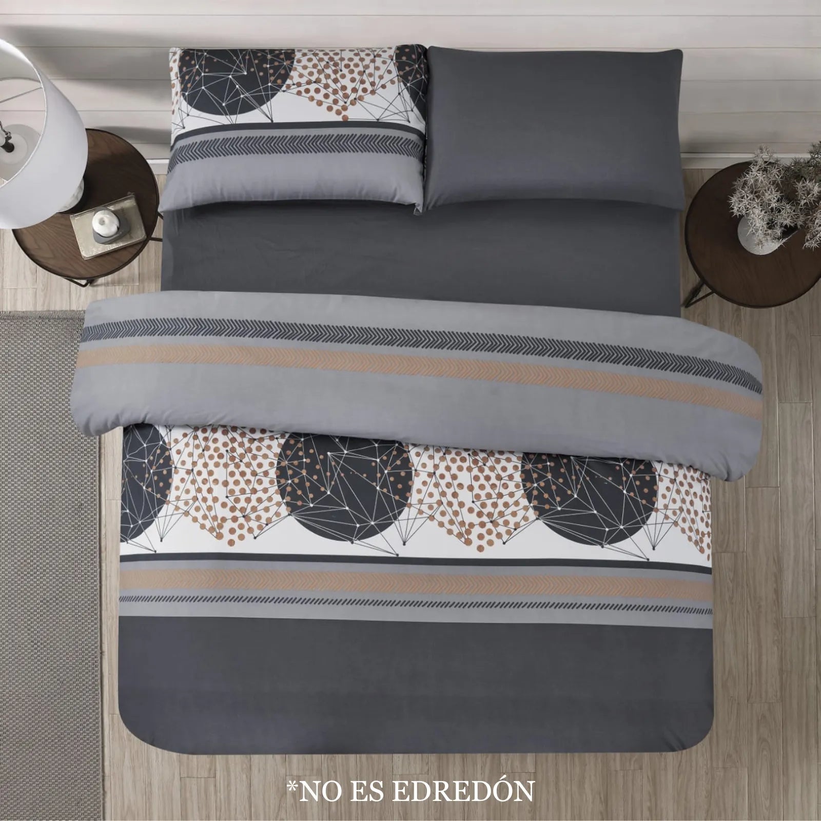 Juego de sábanas Dania Coco con diseño de círculos abstractos en gris, blanco y marrón, ideal para decoración moderna