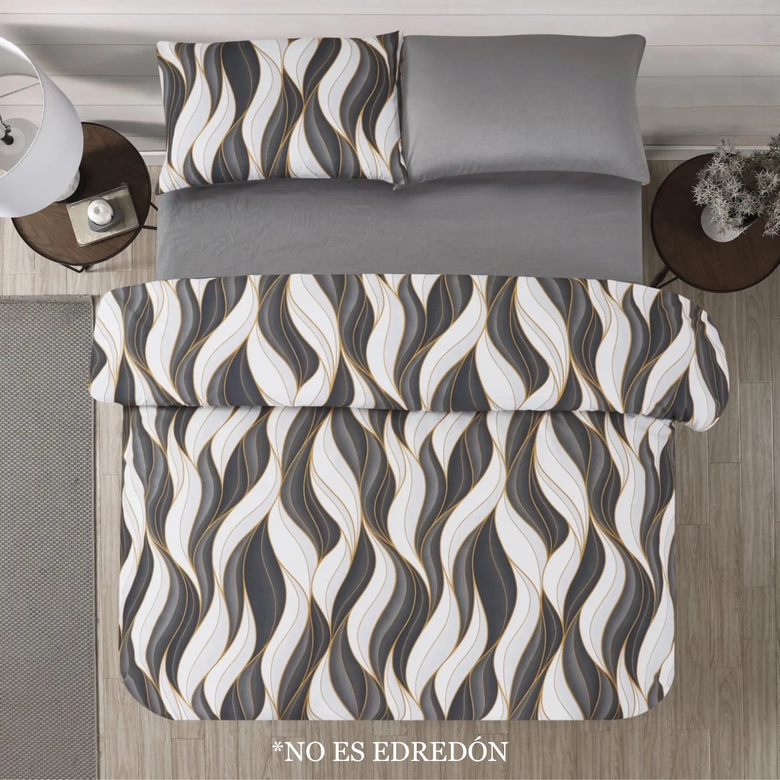 Juego de sábanas Dania Coco con diseño ondulado en tonos gris, blanco y dorado