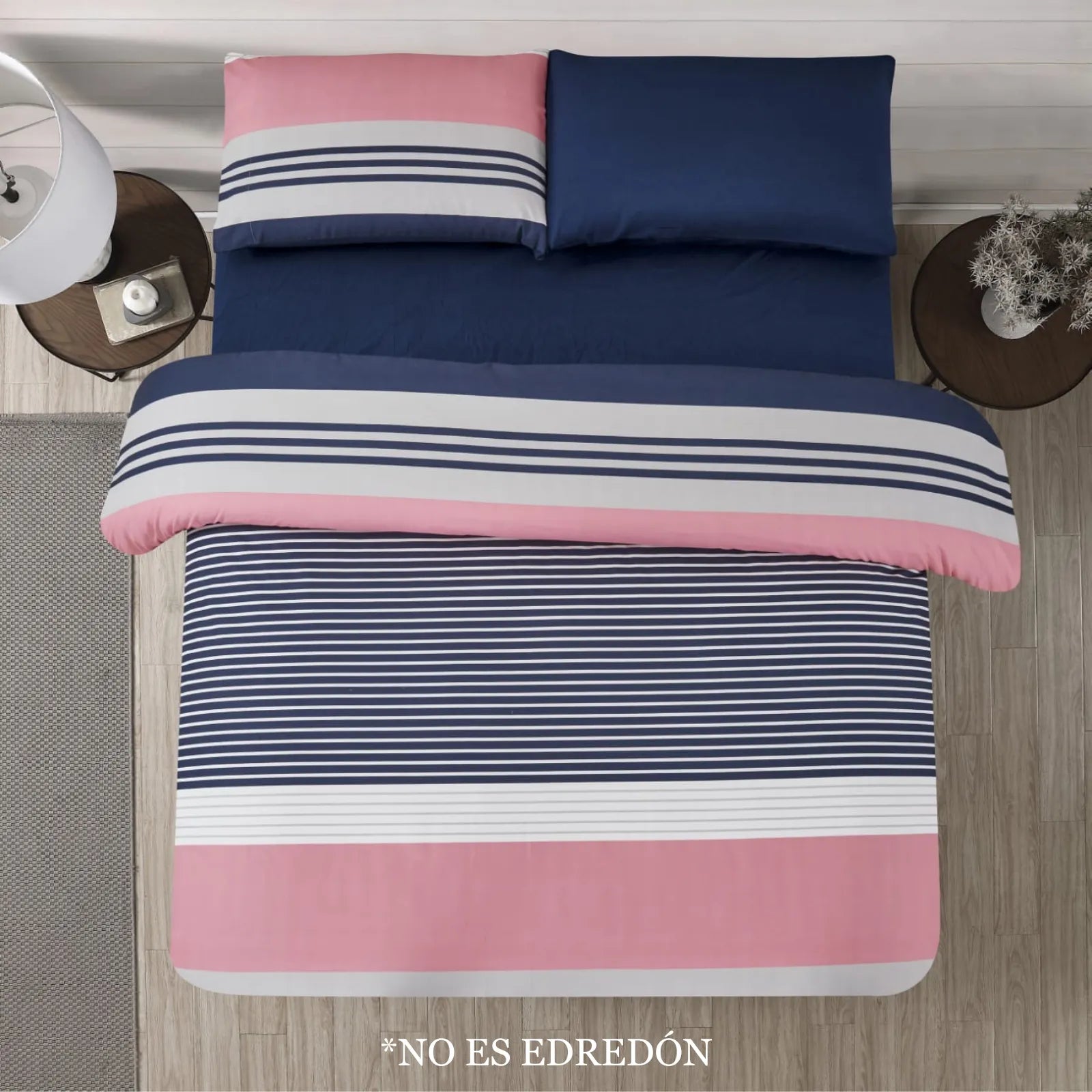 Juego de sábanas Dania Coco con diseño de rayas en azul marino, blanco y rosa, estilo moderno y juvenil, vista superior