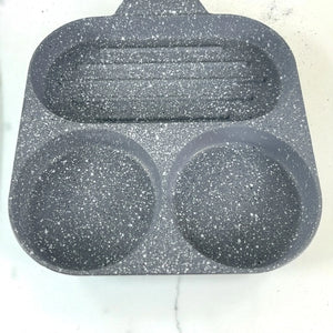 Vista superior del interior del sartén Synmore de granito: dos cavidades de 8.5 cm y un compartimento de 18x9 cm, color gris.