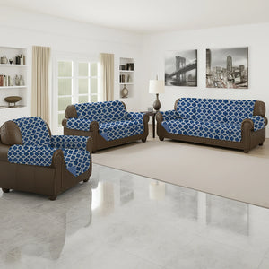 Set de fundas reversibles Scarlett Classics Elite azul; sillón a la izquierda, loveseat al centro y sofá a la derecha; microfibra, patrón geométrico, medidas 165x180, 224x180 y 279x180 cm