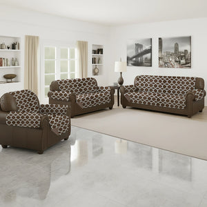 Fundas para sala Scarlett Classics Elite color café, 3 piezas; sillón, loveseat y sofá en la misma escena; microfibra reversible con patrón geométrico, tamaños 165x180, 224x180 y 279x180 cm