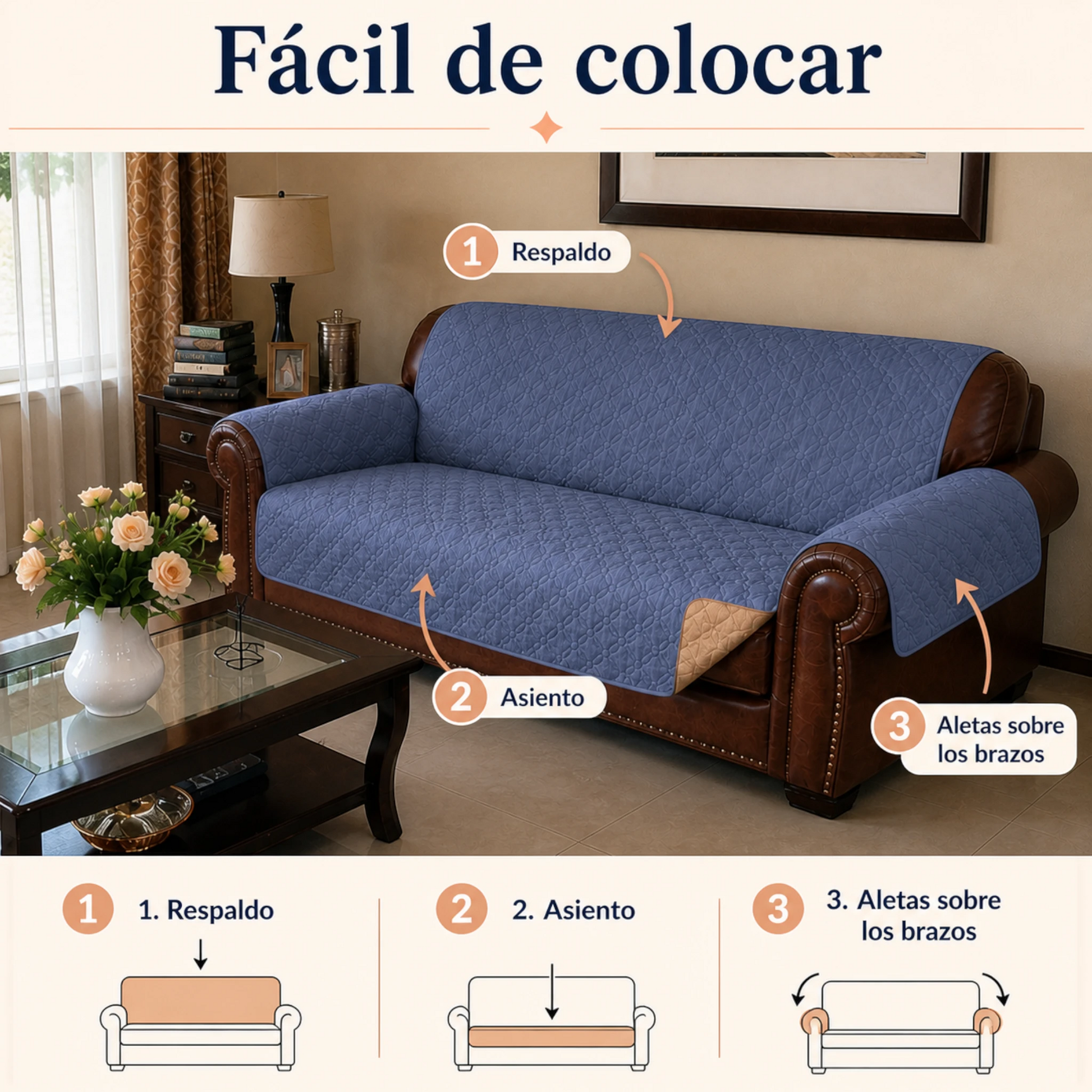 Guía visual para colocar el protector Metz sobre el respaldo, el asiento y los brazos del sofá.
