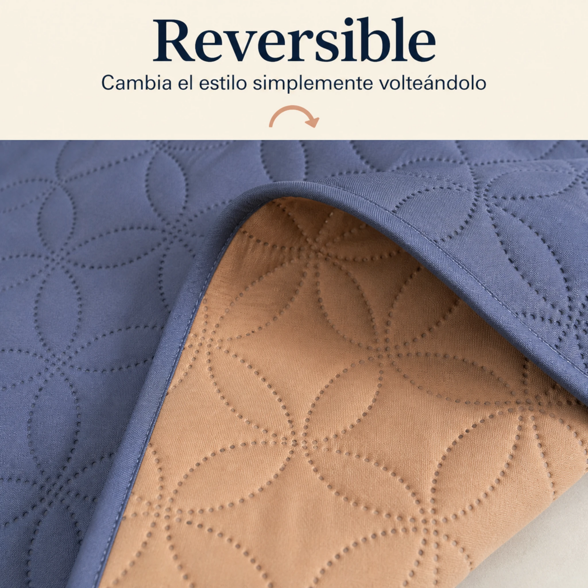 Primer plano del borde reversible Metz con sus lados azul grisáceo y durazno.
