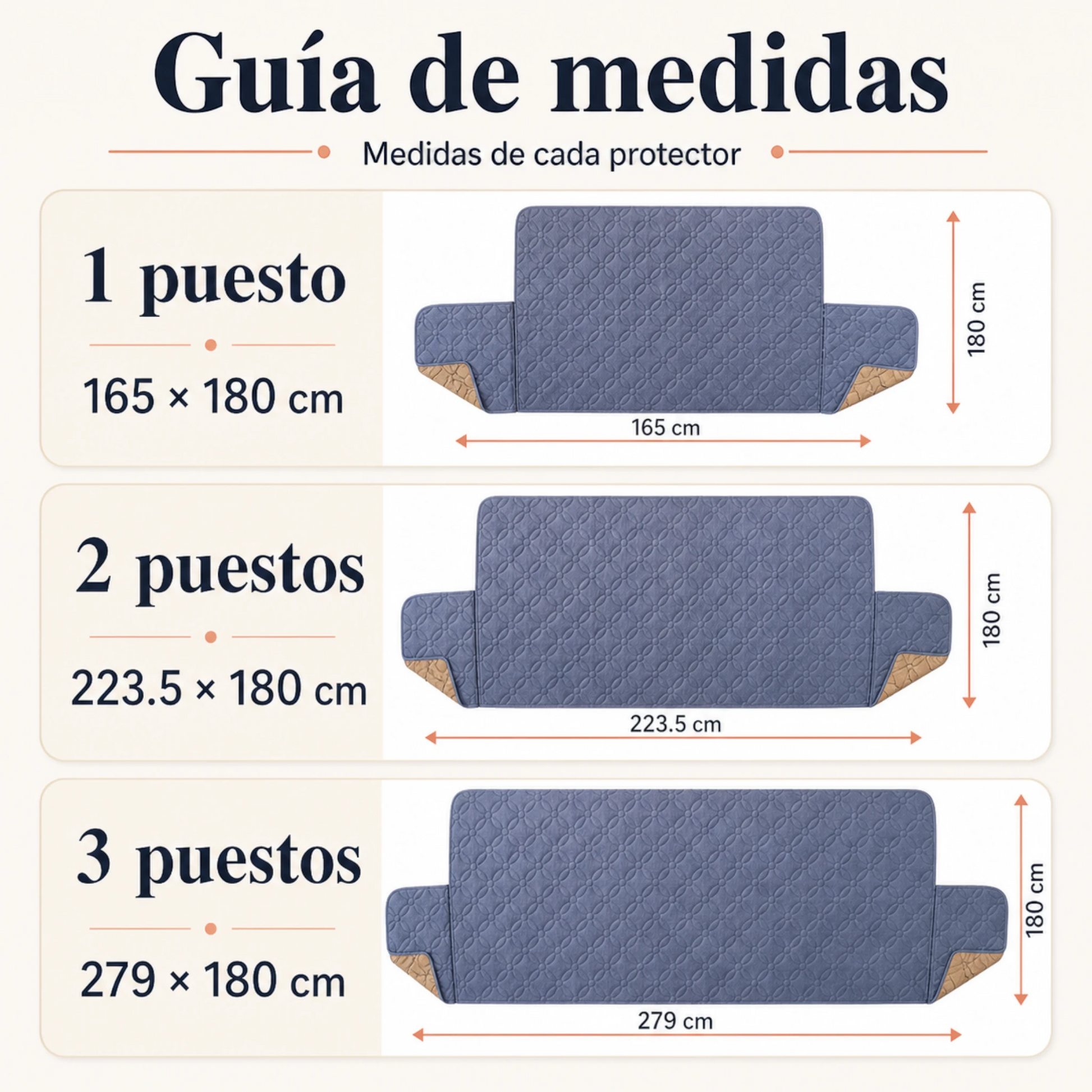 Guía de medidas de los protectores Scarlett Classics Metz para muebles de 1, 2 y 3 puestos.
