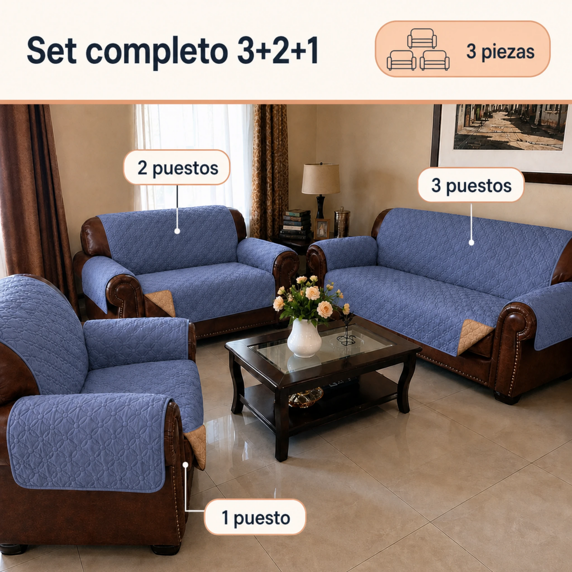 Set completo de tres protectores Scarlett Classics Metz para sillón y sofás de 2 y 3 puestos.
