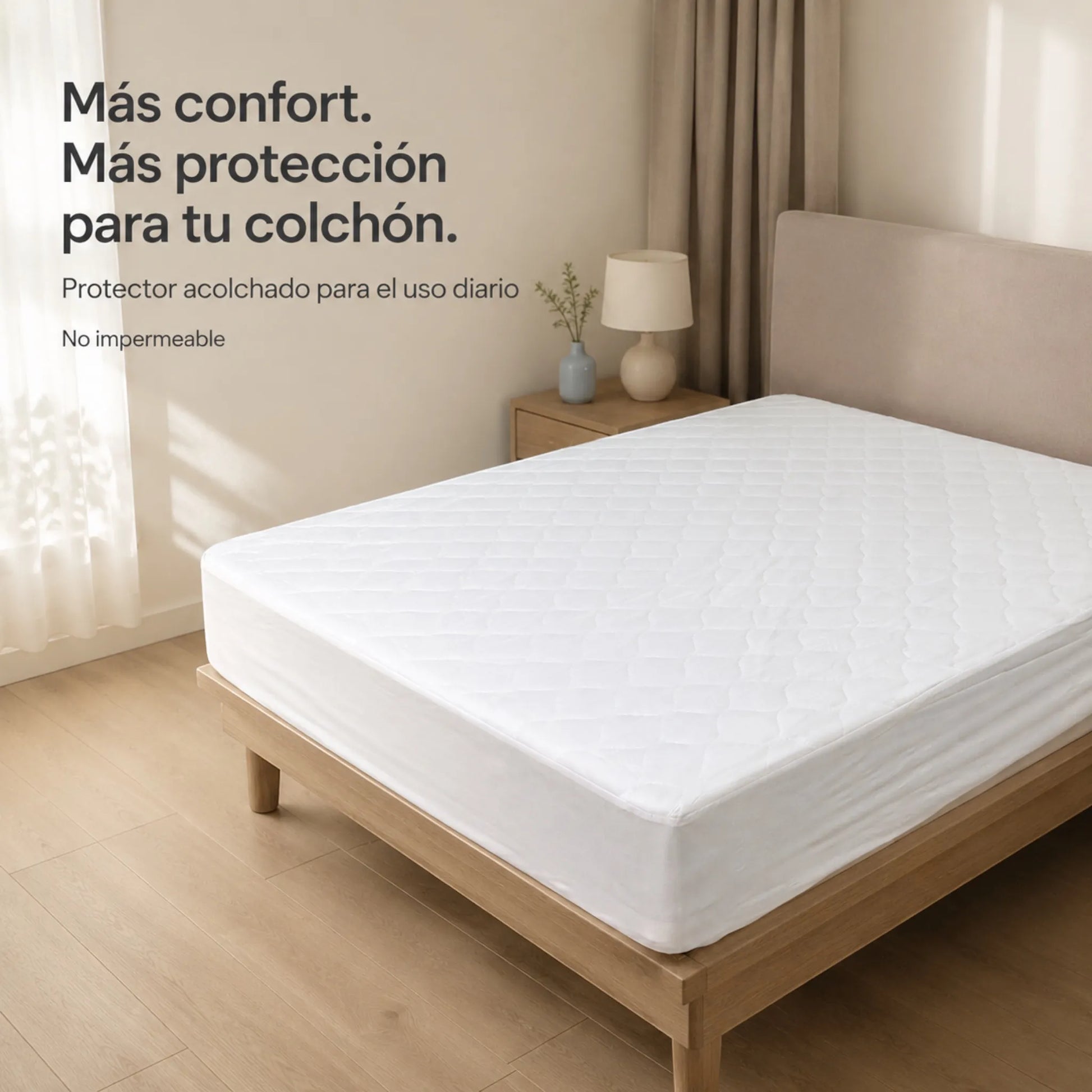 Protector de colchón acolchado blanco Scarlett Classics instalado en dormitorio, diseñado para aportar mayor confort y protección diaria.