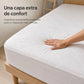 Detalle del protector de colchón Scarlett Classics blanco con superficie acolchada siendo presionada para mostrar su suavidad y confort.