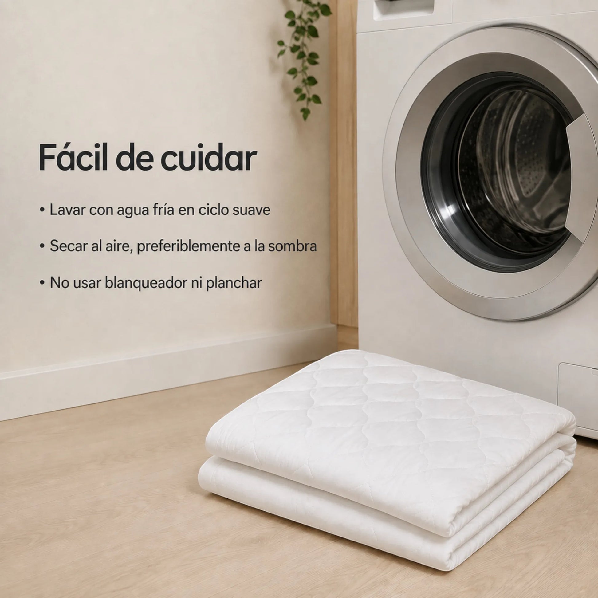 Protector de colchón acolchado blanco Scarlett Classics doblado junto a lavadora con indicaciones de cuidado y lavado.