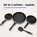 Set Caracol KFS2000 de 3 sartenes negros en tamaños pequeño, mediano y grande, con espátula ranurada de nylon.