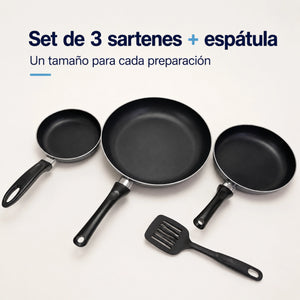 Set Caracol KFS2000 de 3 sartenes negros en tamaños pequeño, mediano y grande, con espátula ranurada de nylon.