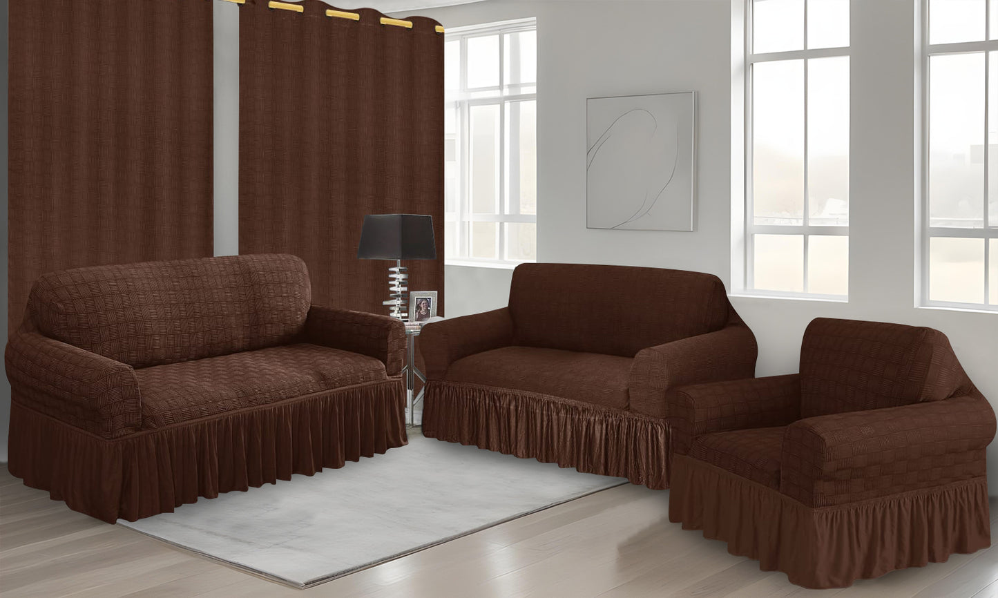 Set Forro de Muebles 3+2+1 Café con cortinas | Ambienta Home Decor
