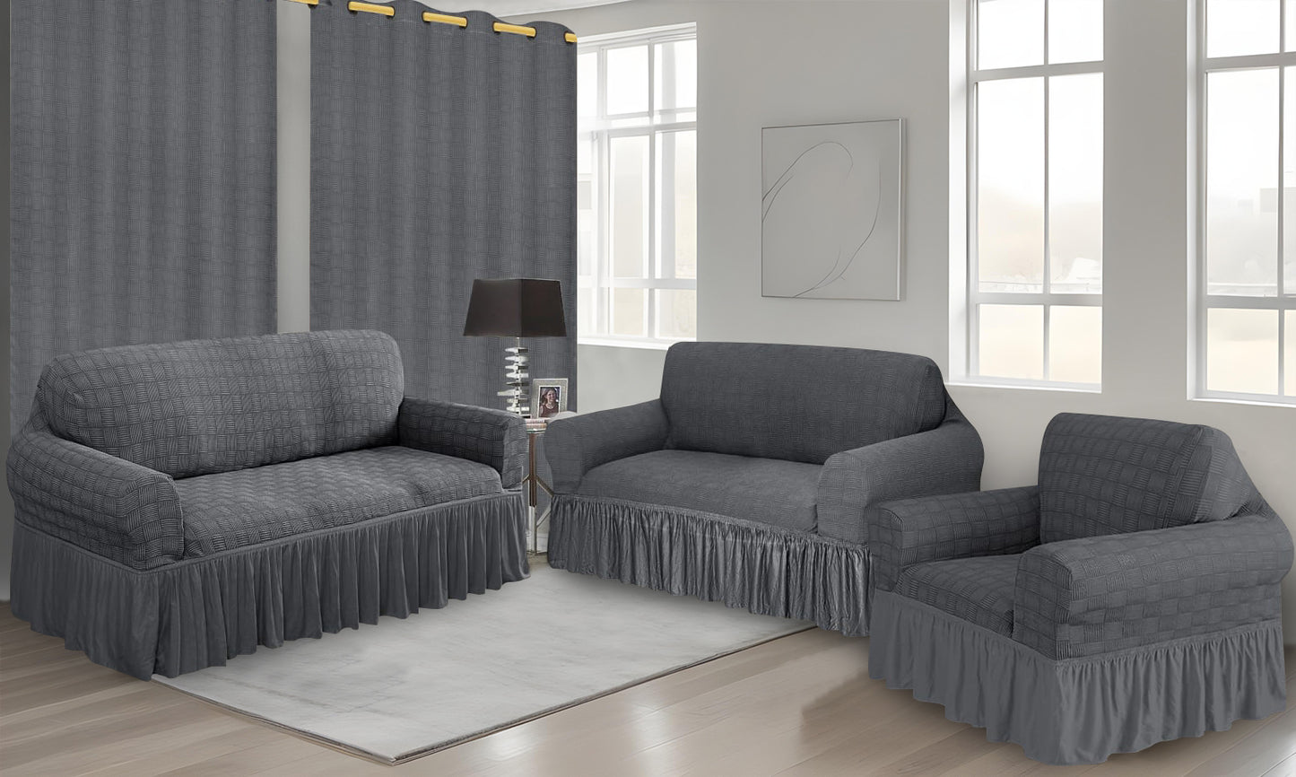 Set Forro de Muebles 3+2+1 Gris con cortinas | Ambienta Home Decor