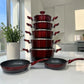 Set de ollas Epicure Escarlata de 12 piezas con cinco ollas apiladas y sartenes, color rojo vino con interior antiadherente tipo mármol, SKU EP-12PCS-045.