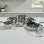 Set completo de ollas Rönner Austria de 12 piezas en acero inoxidable con tapa de vidrio y sartén granito, exhibido sobre mesón de cocina.