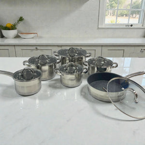 Set completo de ollas Rönner Austria de 12 piezas en acero inoxidable con tapa de vidrio y sartén granito, exhibido sobre mesón de cocina.