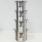 Ollas vaporeras de aluminio Lotus apiladas en tamaños 20QT, 24QT, 32QT y 40QT, equivalentes a 19, 23, 30 y 38 litros.