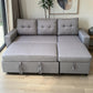 Sofá cama 2 en 1 Ambienta Home Decor color gris claro completamente extendido en modo cama, con chaise derecha, respaldos acolchados y tiradores frontales.