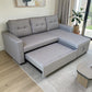 Sofá cama gris claro Ambienta Home Decor con extensión extraíble parcialmente abierta, chaise derecha y cajón de almacenamiento integrado.