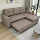 Sofá cama taupe Ambienta Home Decor con extensión deslizable parcialmente abierta, mecanismo inferior visible, chaise derecha y diseño convertible para sala.
