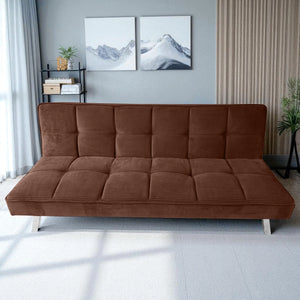 Sofa cama de terciopelo acanalado color Cafe Mocca con patas metalicas, vista frontal en sala, marca Ambienta Home Decor, medidas 175×75×55 cm.