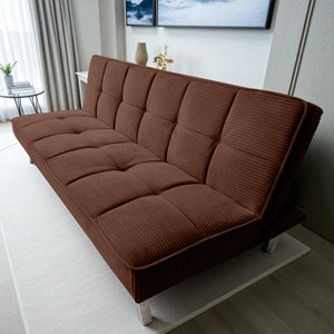 Sofa cama tapizado en terciopelo acanalado Cafe Mocca, vista tres cuartos desde la derecha, patas metalicas, Ambienta Home Decor, 175×75×55 cm