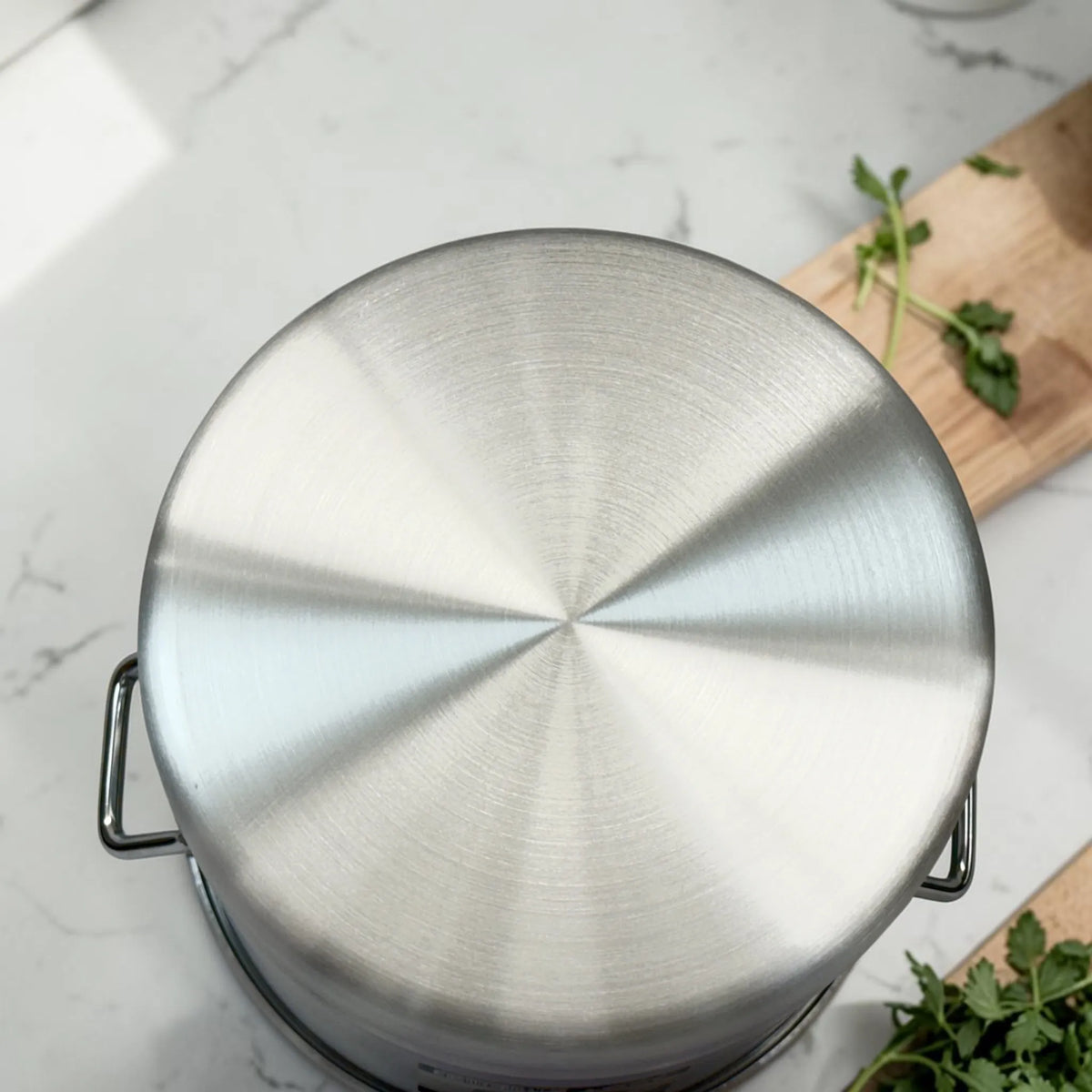 Tapa de aluminio plateado Lotus para olla vaporera con agarrador metálico superior.