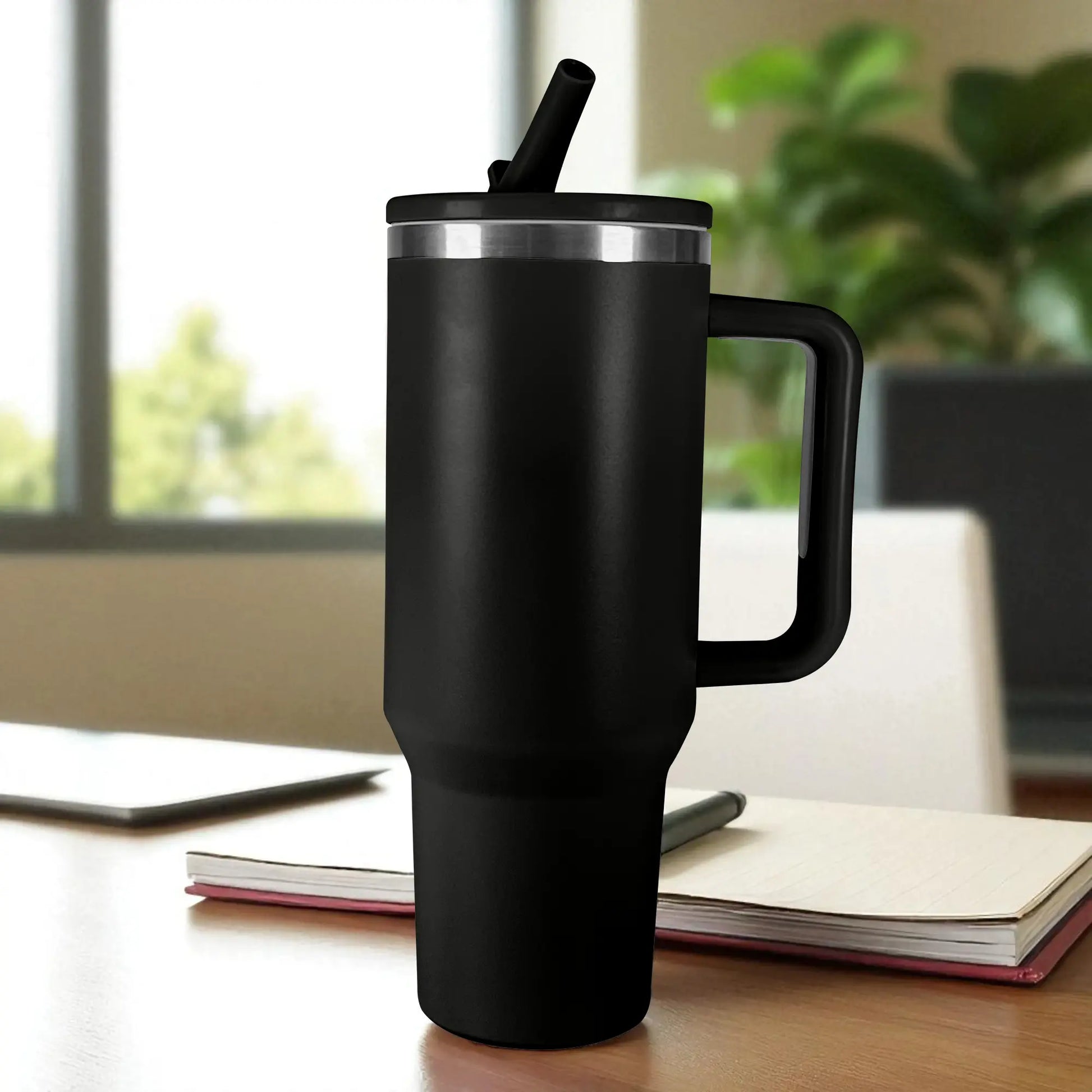 Termo negro de acero inoxidable 1200 ml con asa y tapa de rosca con pajilla, colocado sobre escritorio junto a cuaderno.