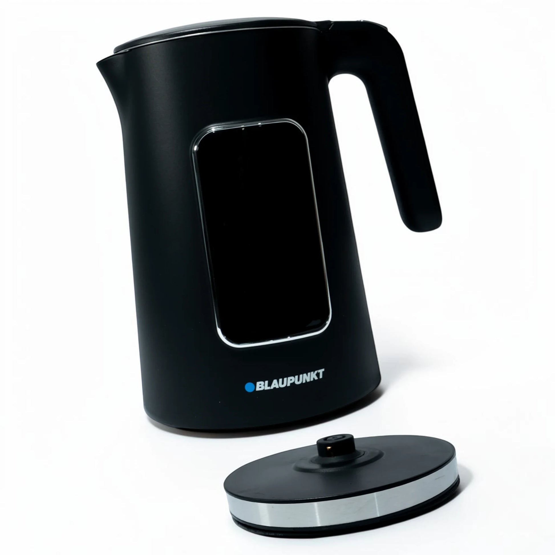 Tetera eléctrica Blaupunkt BKDK9810 negra con base desmontable de 360 grados, vista lateral del producto y base separada