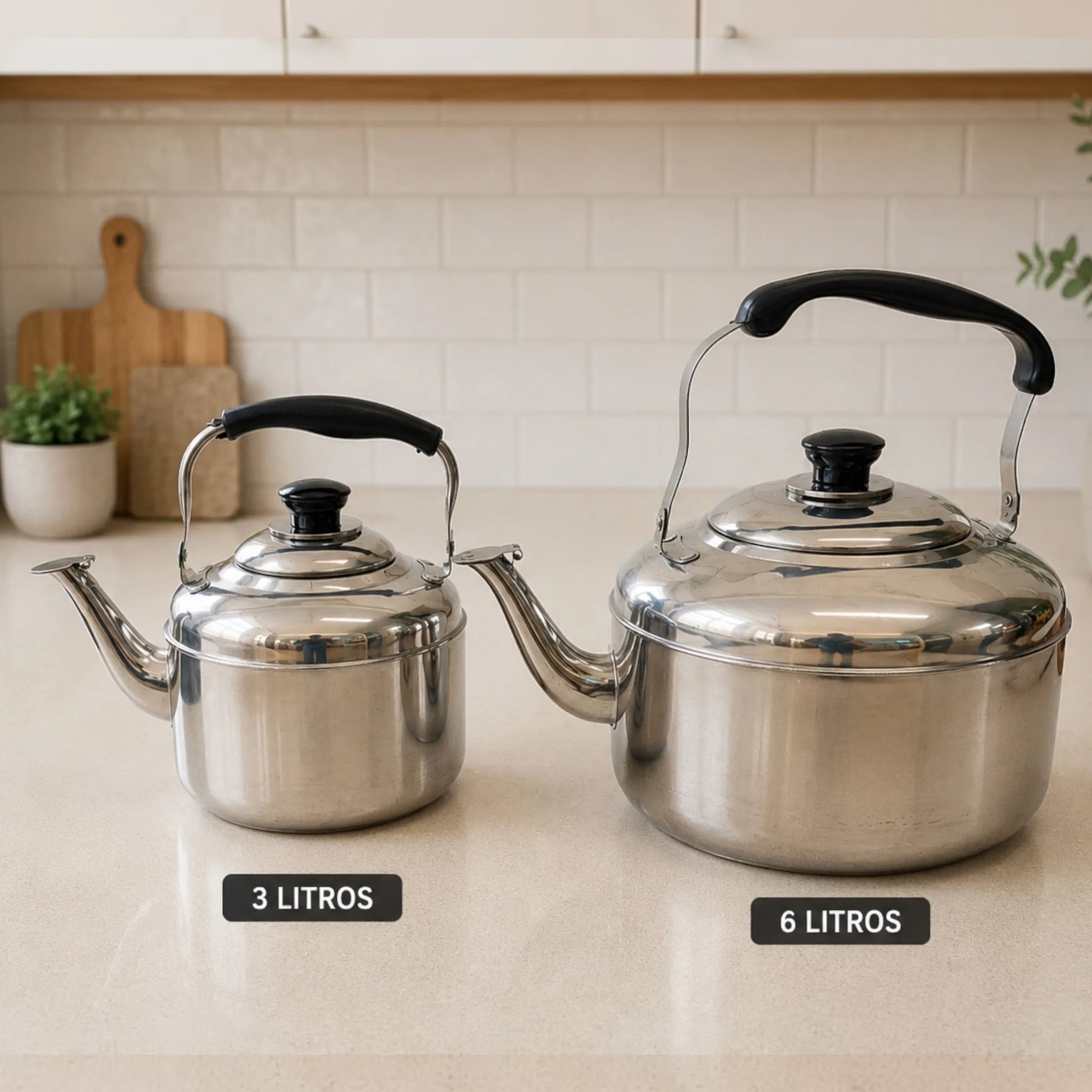 Comparativa de teteras con silbato Lotus Home Collection de 3 y 6 litros en acero inoxidable plateado, con mango negro y boquilla de apertura segura.