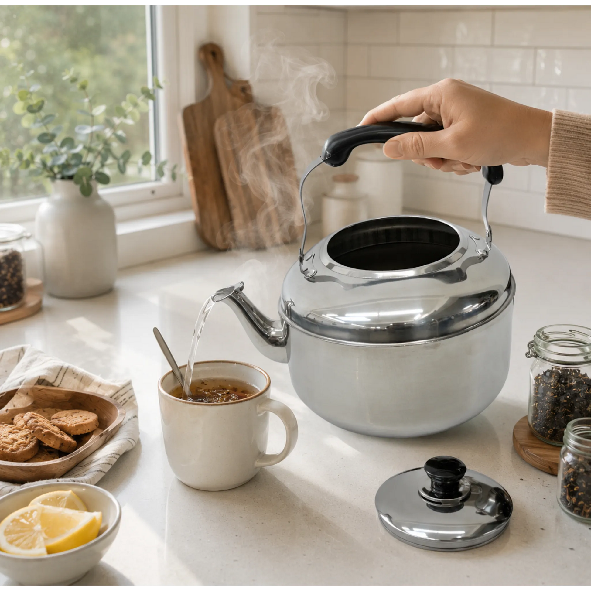 Tetera con silbato Lotus de 6 litros preparando té, con vapor, taza, limón y galletas en una cocina iluminada naturalmente.