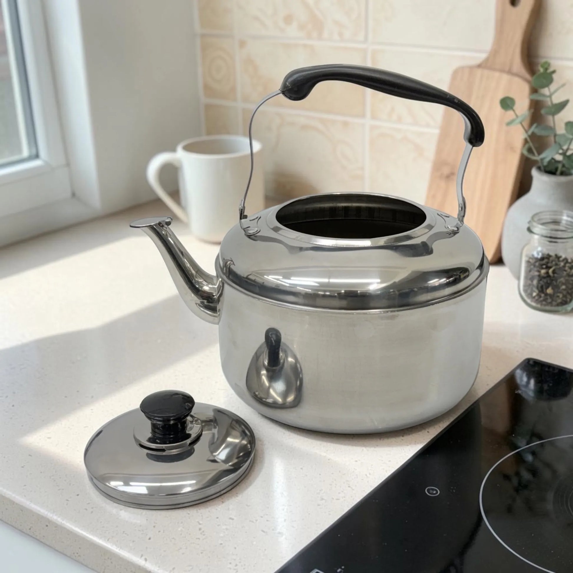 Tetera con silbato Lotus de 6 litros en acero inoxidable, abierta y con la tapa removible colocada junto al producto.