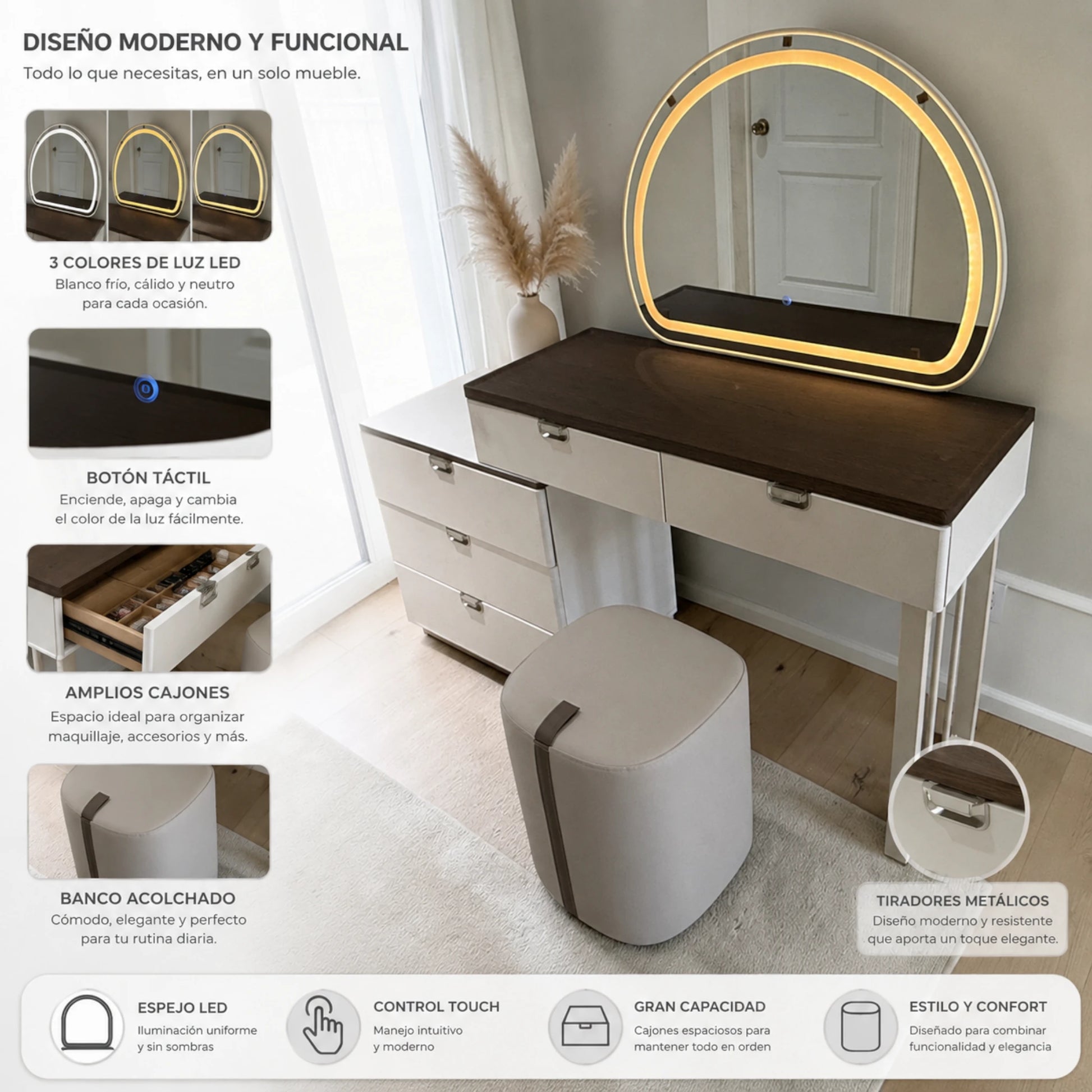 Tocador Vanity 3 en 1 DT-1004 color blanco y nogal con espejo LED, banco acolchado, gavetas amplias, botón táctil y tiradores metálicos de Ambienta Home Decor.