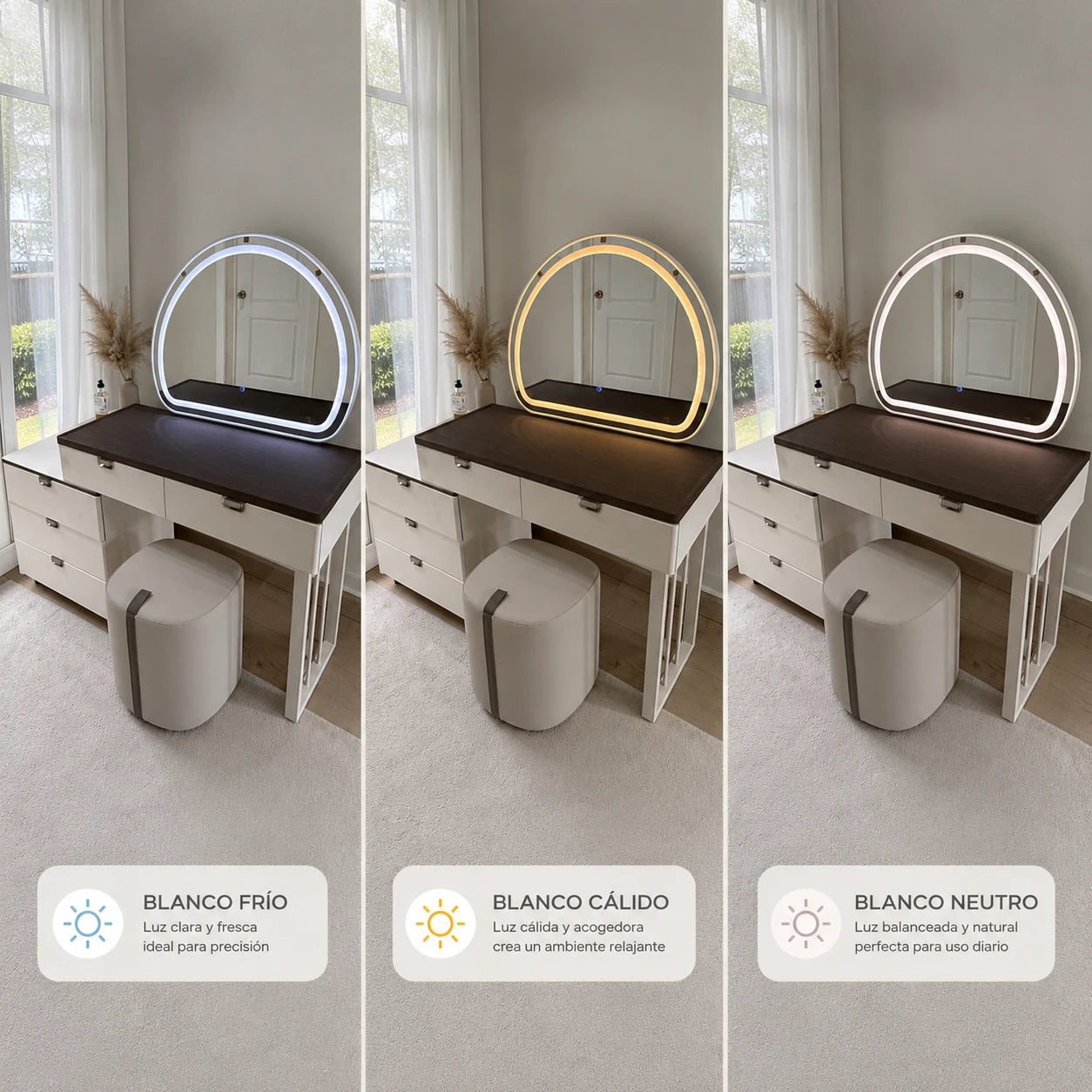 Tocador Vanity DT-1004 con espejo LED de tres tonos de luz: blanco frío, blanco cálido y blanco neutro para maquillaje diario.