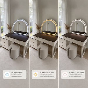 Tocador Vanity DT-1004 con espejo LED de tres tonos de luz: blanco frío, blanco cálido y blanco neutro para maquillaje diario.