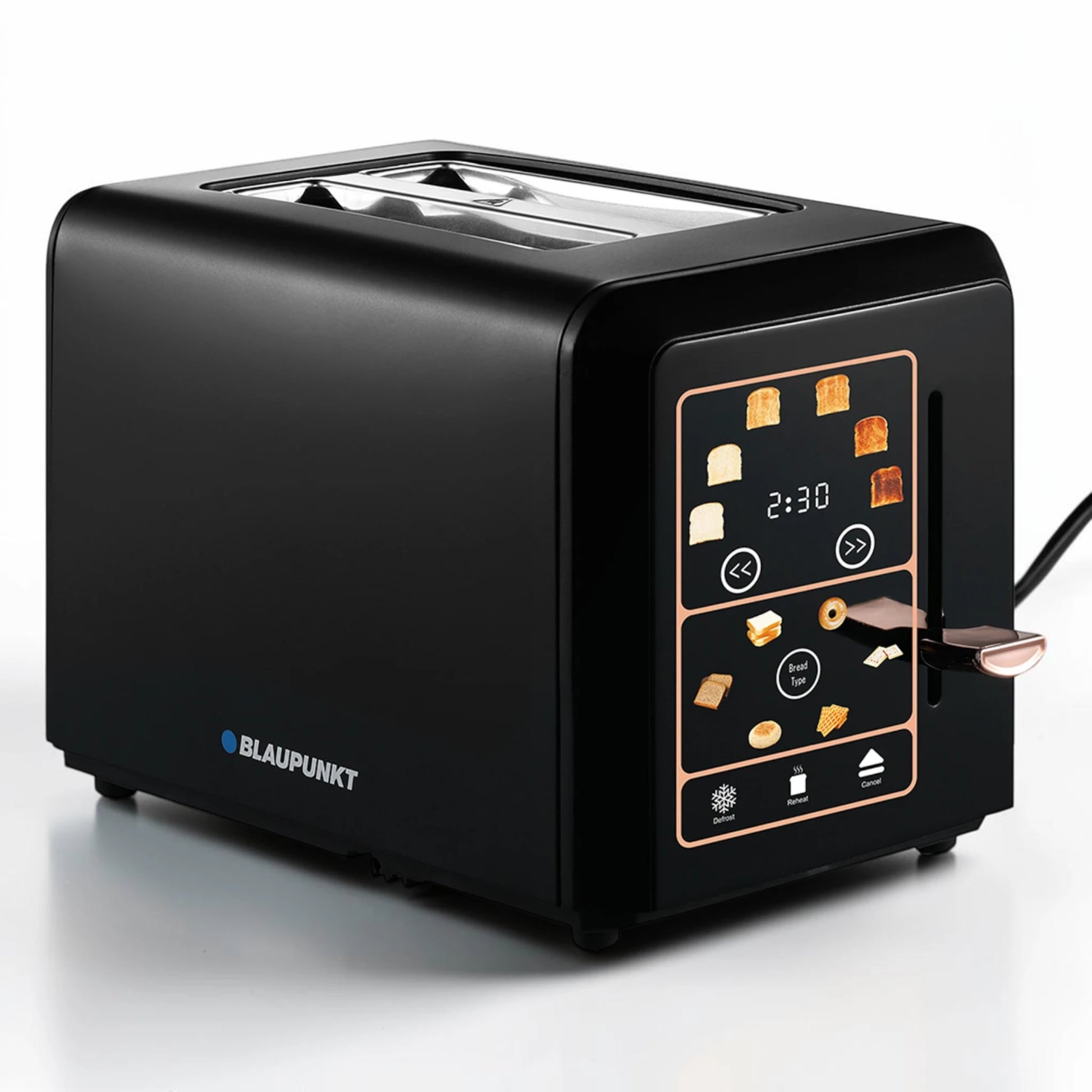 Tostadora digital Blaupunkt Touch Pro de 2 rebanadas color negro con panel táctil frontal iluminado y niveles de tostado visibles.