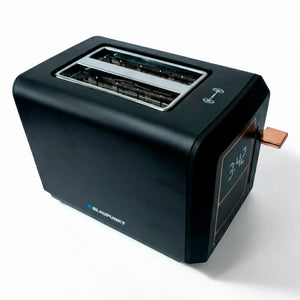 Tostadora digital Blaupunkt Touch Pro de 2 rebanadas color negro, vista superior y lateral, con pantalla táctil y palanca lateral en acabado metálico.